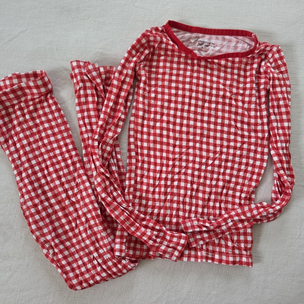 Lemon & Loom Red Checkered Gingham Kids Pajamas Set Pants Bamboo Rayon Kids 6/7